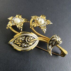 VINTAGE GOLD TONE BROOCH FAUX PEARLS FLOWERS LEAFS (BR31)